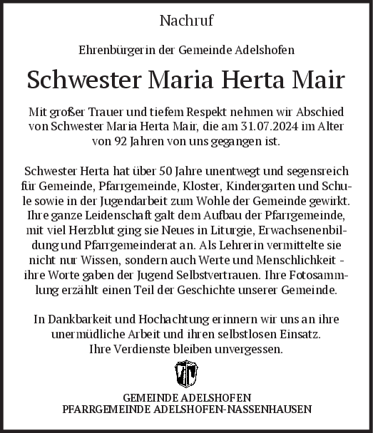 Traueranzeige Gemeinde Adelshofen Schwester Herta